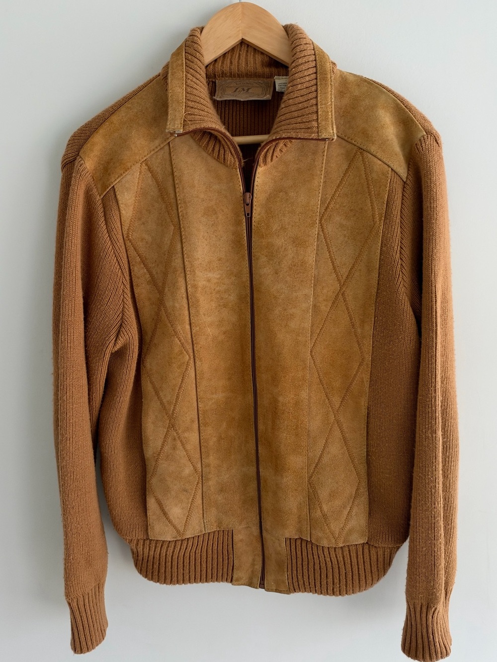 Vintage LM Landmark Cowhide Suede Knit Bomber Jacket Brown Medium